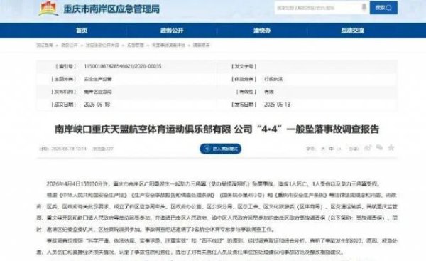 重庆广阳岛动力三角翼坠落致1死1伤事故调查报告公布