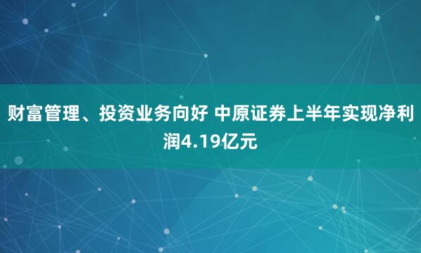 财富管理、投资业务向好 中原证券上半年实现净利润4.19亿元
